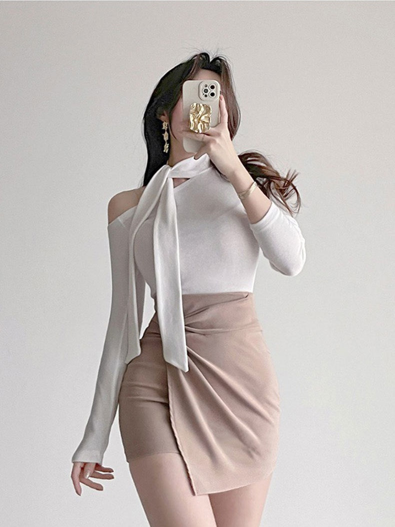 Elegant Tie-neck Fitted Long-sleeved T-shirt