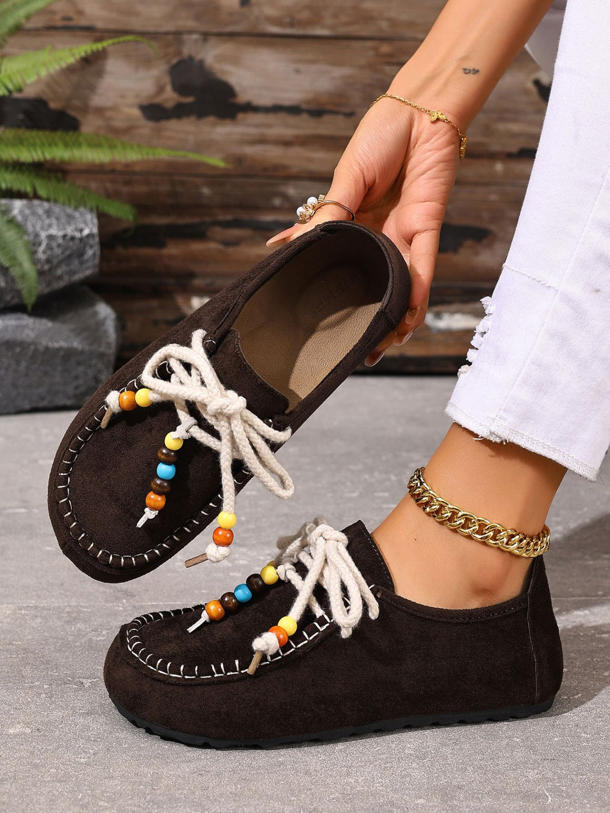 Lace-up Beaded Casual Suede Retro Round Toe Flat Shoes