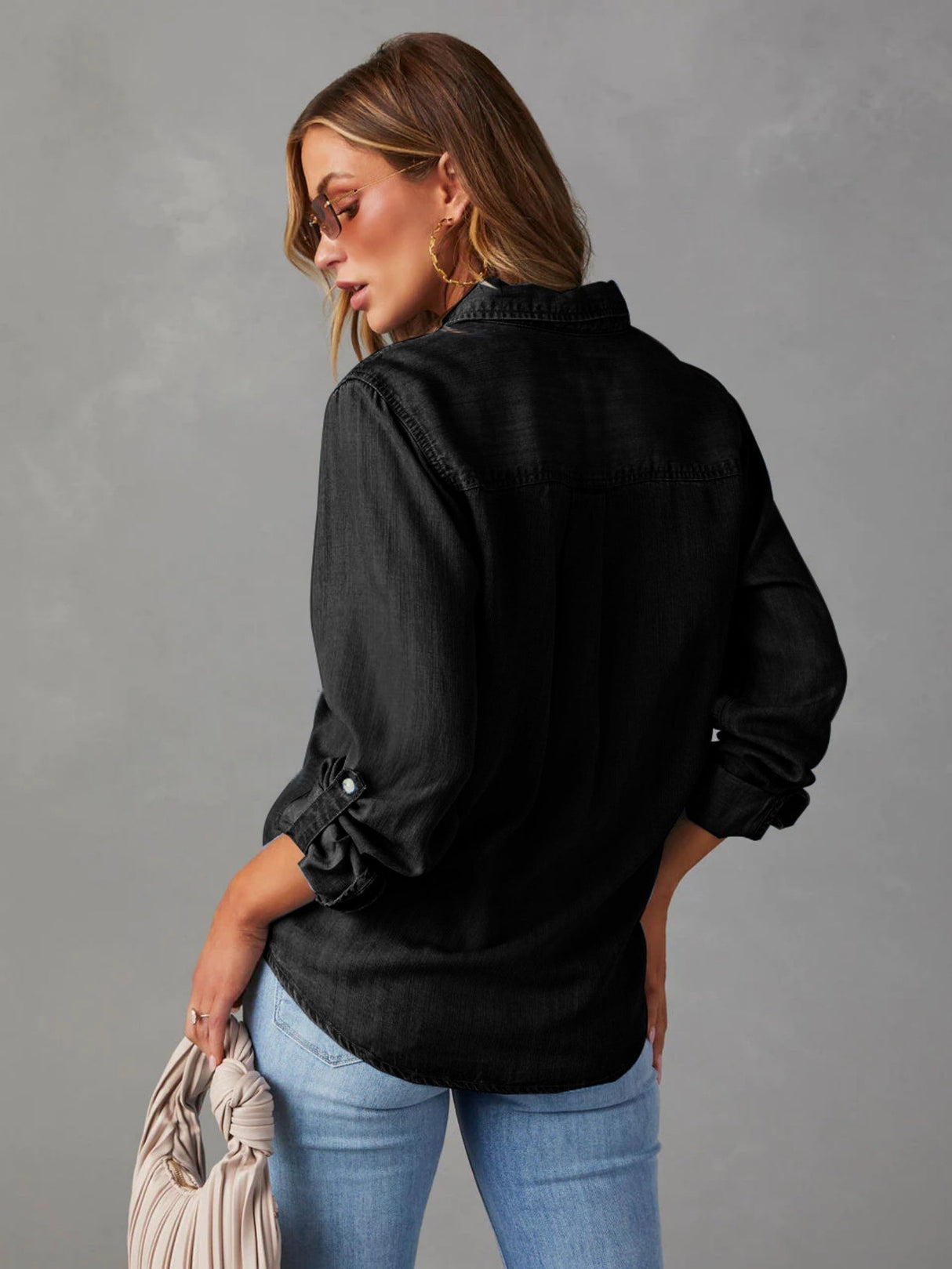 Lapel Single-breasted Long Sleeves Denim Shirt