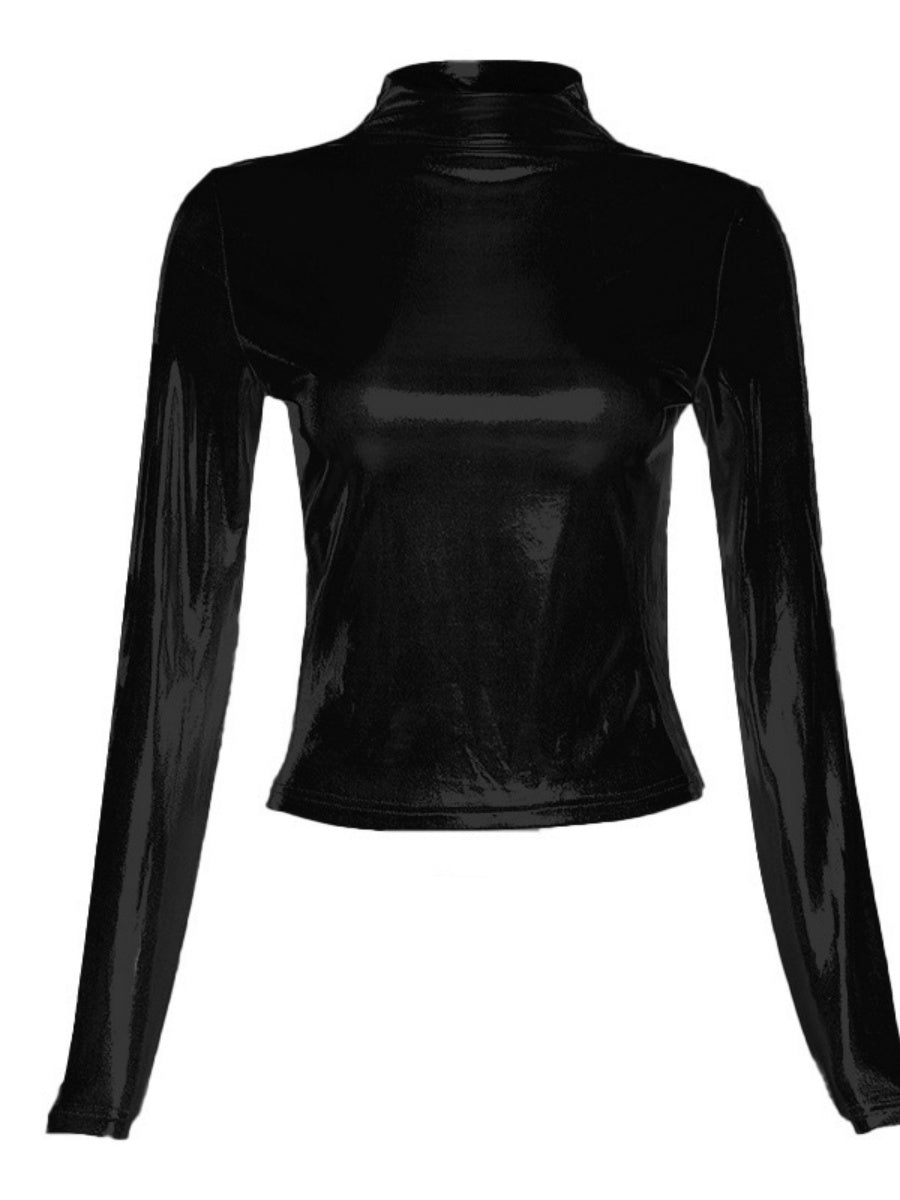 T-shirts à col roulé mi-long en cuir verni métallisé à manches longues et coupe ajustée