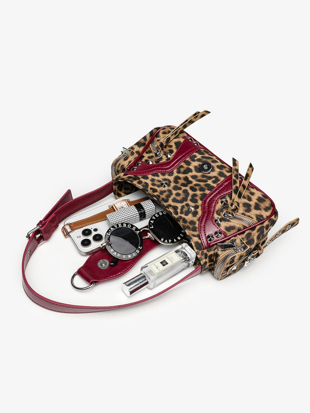 Stylish Leopard Print Edgy Biker Studded Shoulder Bag