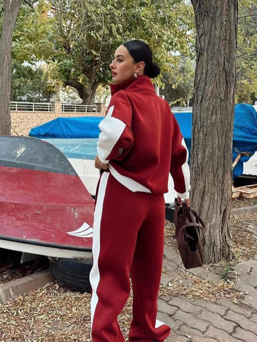 Jackets Casual Trousers Set Retro Contrasting Colors Long Sleeve Zipper Coat Two-piece Trouser Set