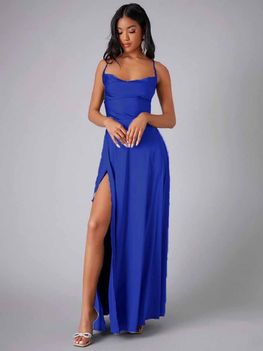 Backless Bandage Draped Collar Satin High Slit Bridesmaid Dresses Cocktail Party Maxi Dresses