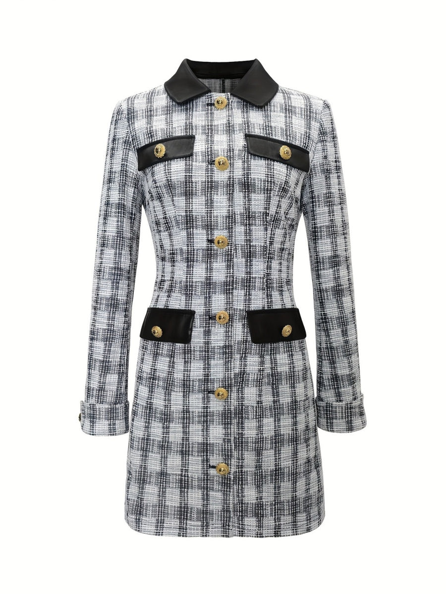 Robes courtes et mini en tweed à carreaux et cuir PU, parfumées à la main, idéales pour les trajets quotidiens.