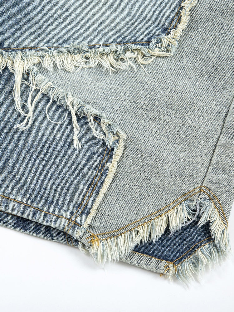 Five-pointed Star Patchwork Loose-fit Straight-fit Denim Mid-length Pants Shorts