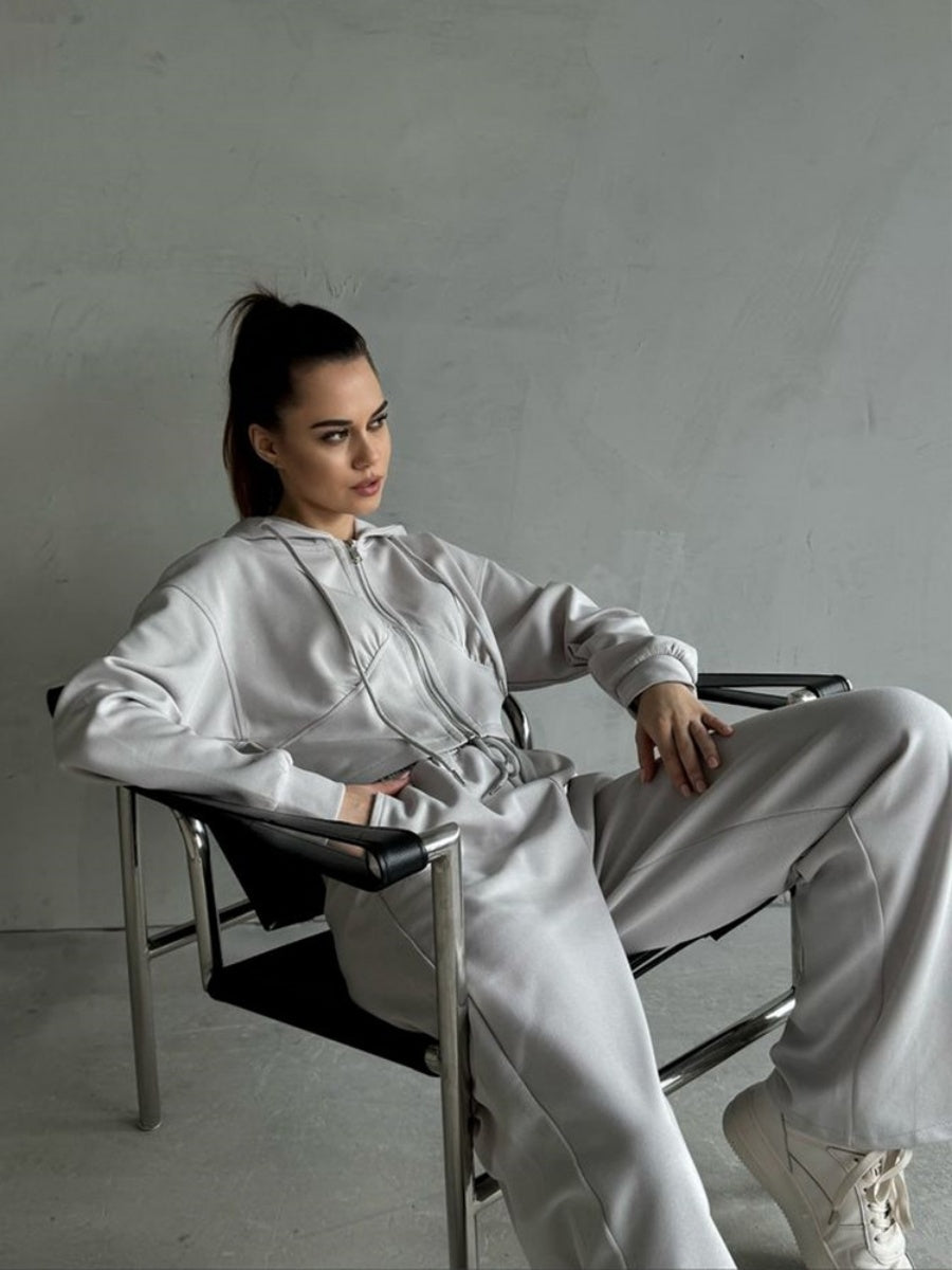 Liber Autumn women's clothing Drawstring Hooded Zippered solid color long-sleeved cardigan two-piece set