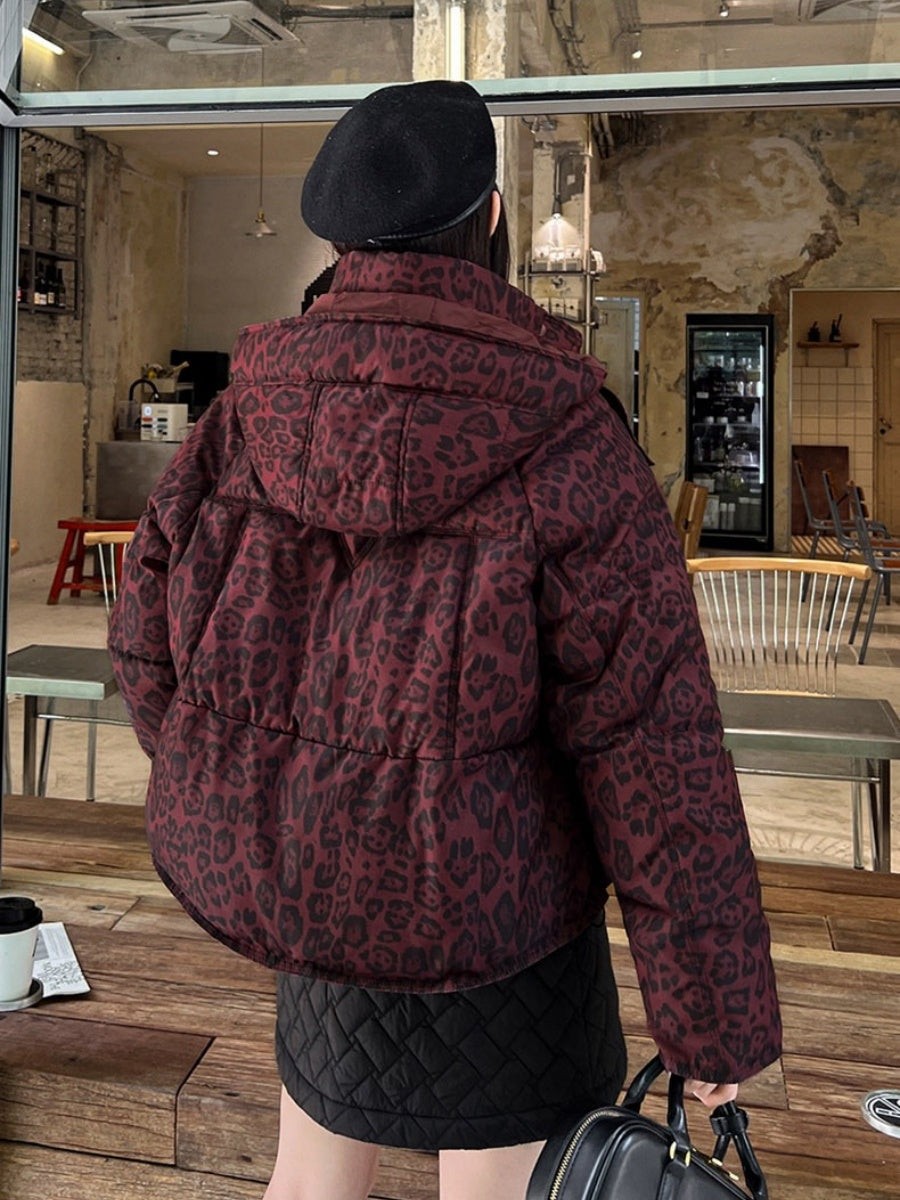 Detachable Pocket Leopard Bread Loose Short Hooded Zippered Cotton Jacket