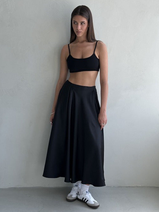 Elegant High-waisted Satin Satin Long Skirt With A Full Hem