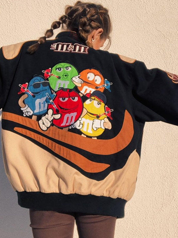 Motorcycle-style Color-blocked Print Casual Loose Long-sleeved Jacket