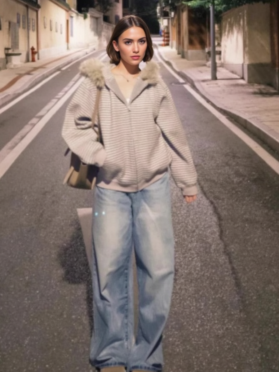 Hooded Zipper Stripes Detachable Large Fur Collar Retro Casual Cardigan