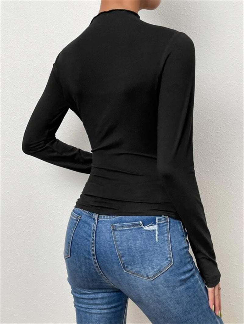Solid Color Slim Fit Base Layer Versatile Pleated Long-sleeved T-shirt