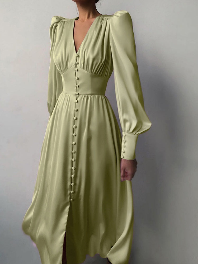 V-neck Satin Waist Retro Maxi Dresses