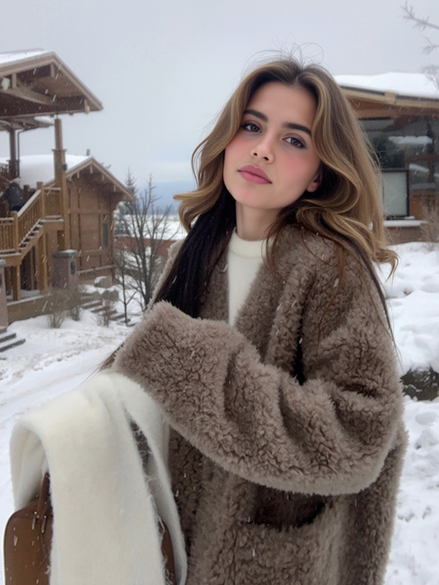 Lambswool V-neck Fur Fleece Lined Cotton-padded Jacket