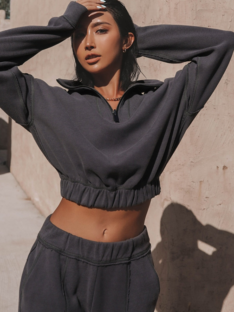 Liber Autumn women's solid color zipper pullover Long sleeve two piece sweatshirt