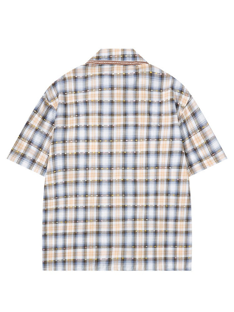 Cartoon Embroidery Plaid Loose-fit Shirts
