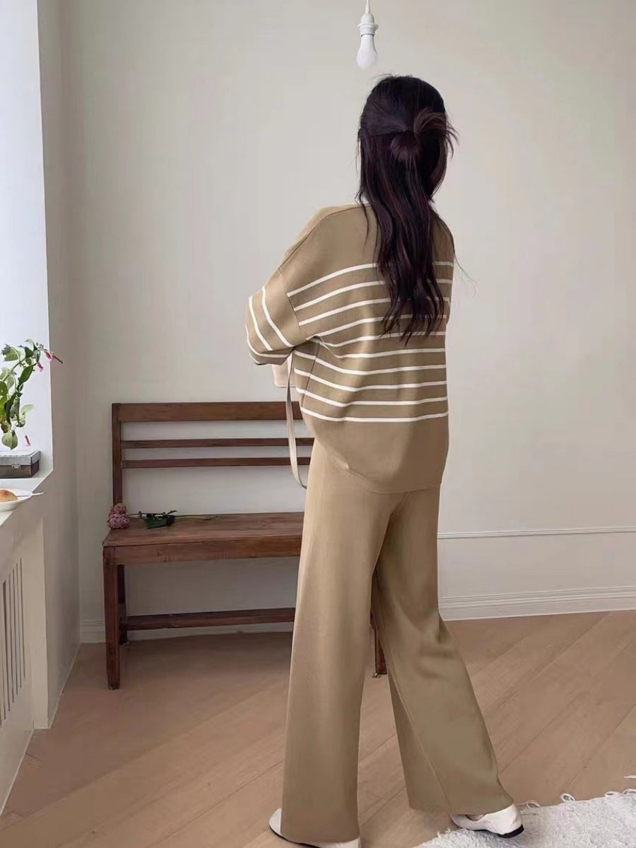 Stylish Two-piece Set: Loose Striped Knit Top, Casual High-waisted Wide-leg Knit Pants