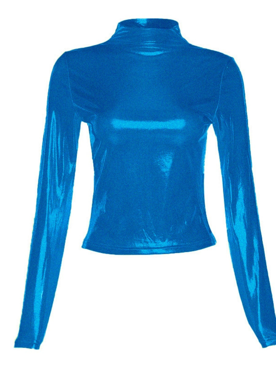 T-shirts à col roulé mi-long en cuir verni métallisé à manches longues et coupe ajustée