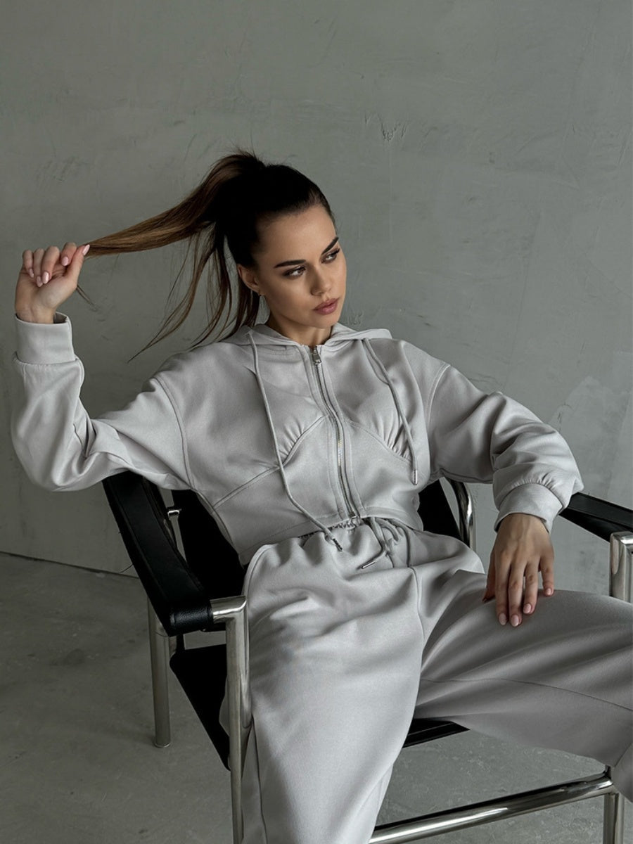 Liber Autumn women's clothing Drawstring Hooded Zippered solid color long-sleeved cardigan two-piece set