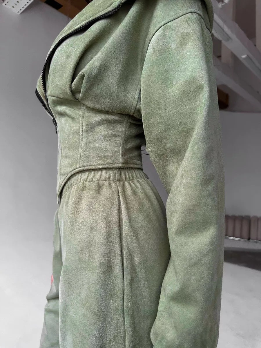 Liber Autumn women's clothing waist design Hooded Zippered solid color long-sleeved cardigan two-piece set