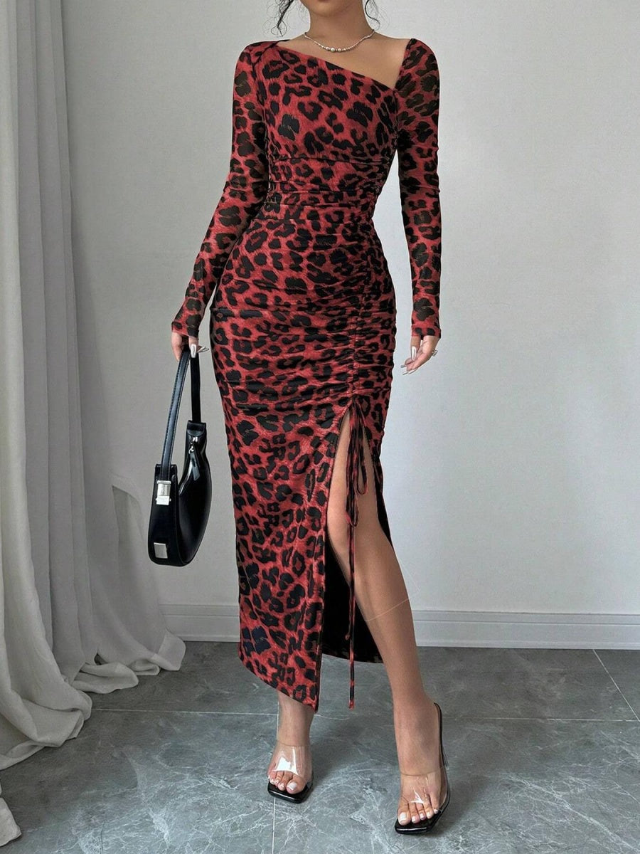 Long-sleeved, Slim-fit Leopard Print Drawstring Bodycon Top Mini&Short Dresses