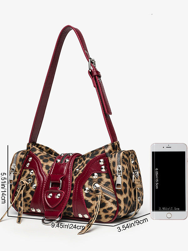 Stylish Leopard Print Edgy Biker Studded Shoulder Bag