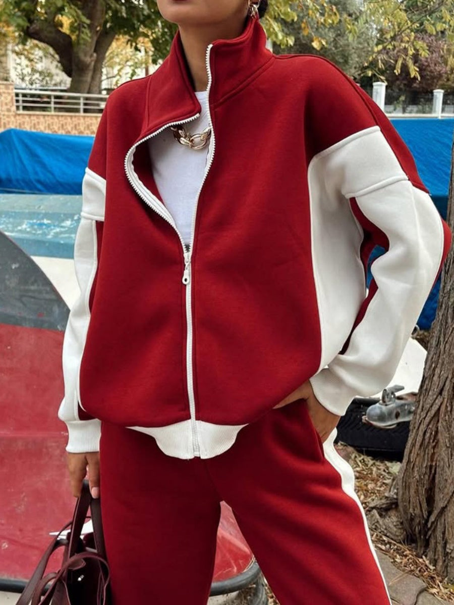 Jackets Casual Trousers Set Retro Contrasting Colors Long Sleeve Zipper Coat Two-piece Trouser Set