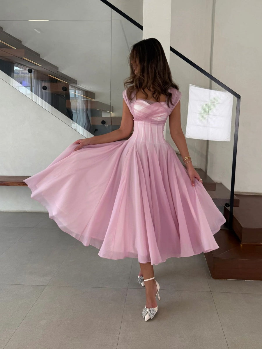 Mesh Splicing Waist Big Swing Midi Dresses