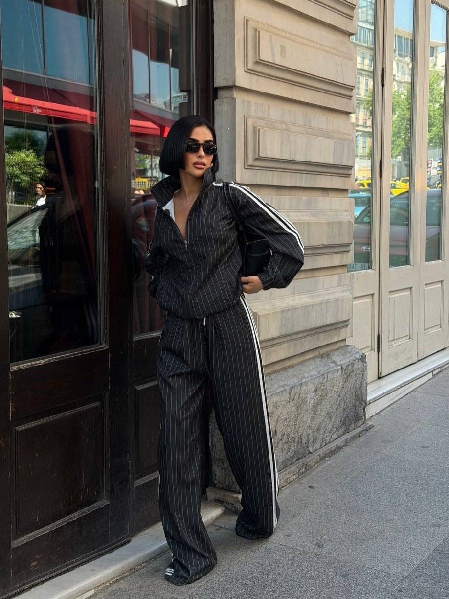 Women's Vertical Striped Three-Stripe Tracksuit Stand-up Collar Zip-up Jacket And High-waisted Wide-leg Trousers Two-piece Set