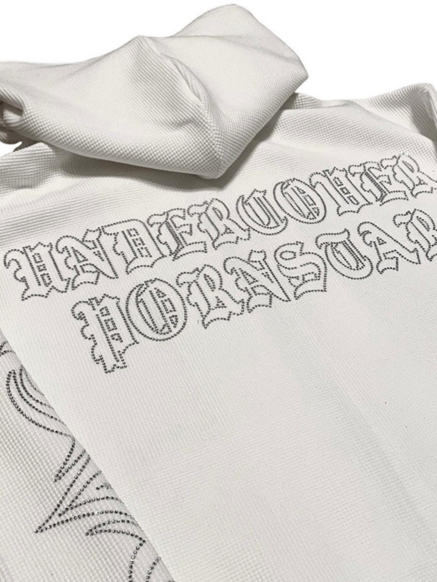 Crew Neck Loose Letter Rhinestone Zip-up Hoodie