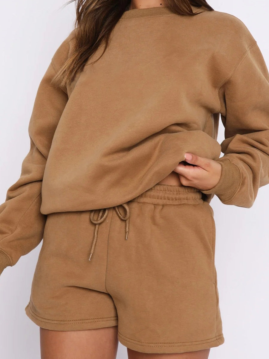 Loose-fitting, Versatile, Casual Crew Neck Sweatshirt And Shorts Set