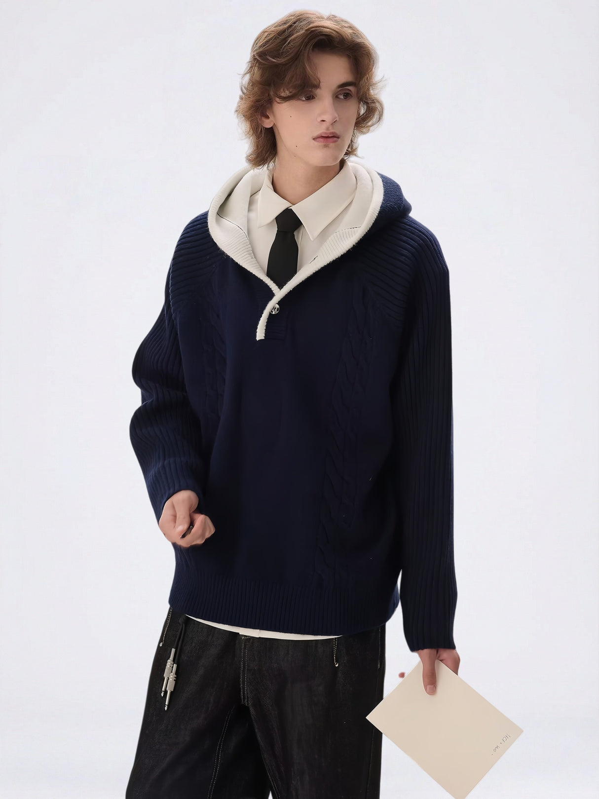 Layered-look Hooded Half-zip Color-block Sweater