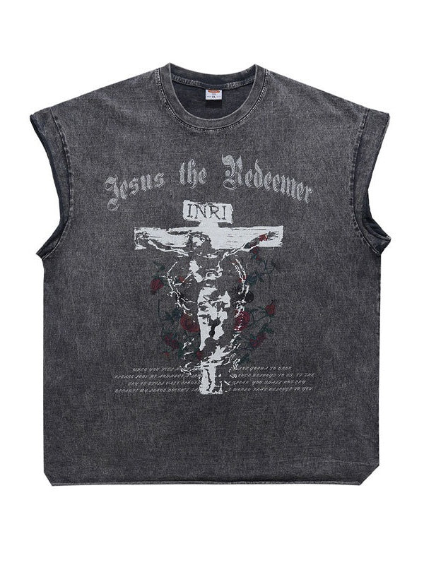 Washed Distressed God Printed Tank Tops