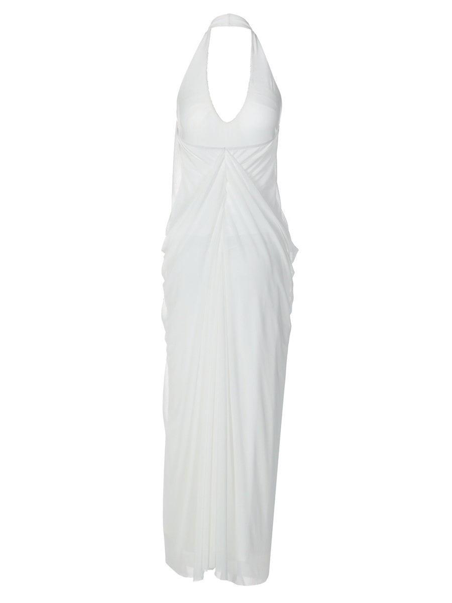 Loose-fitting, Backless, Sleeveless, V-neck, Pleated Halter-neck Mesh Long Dress