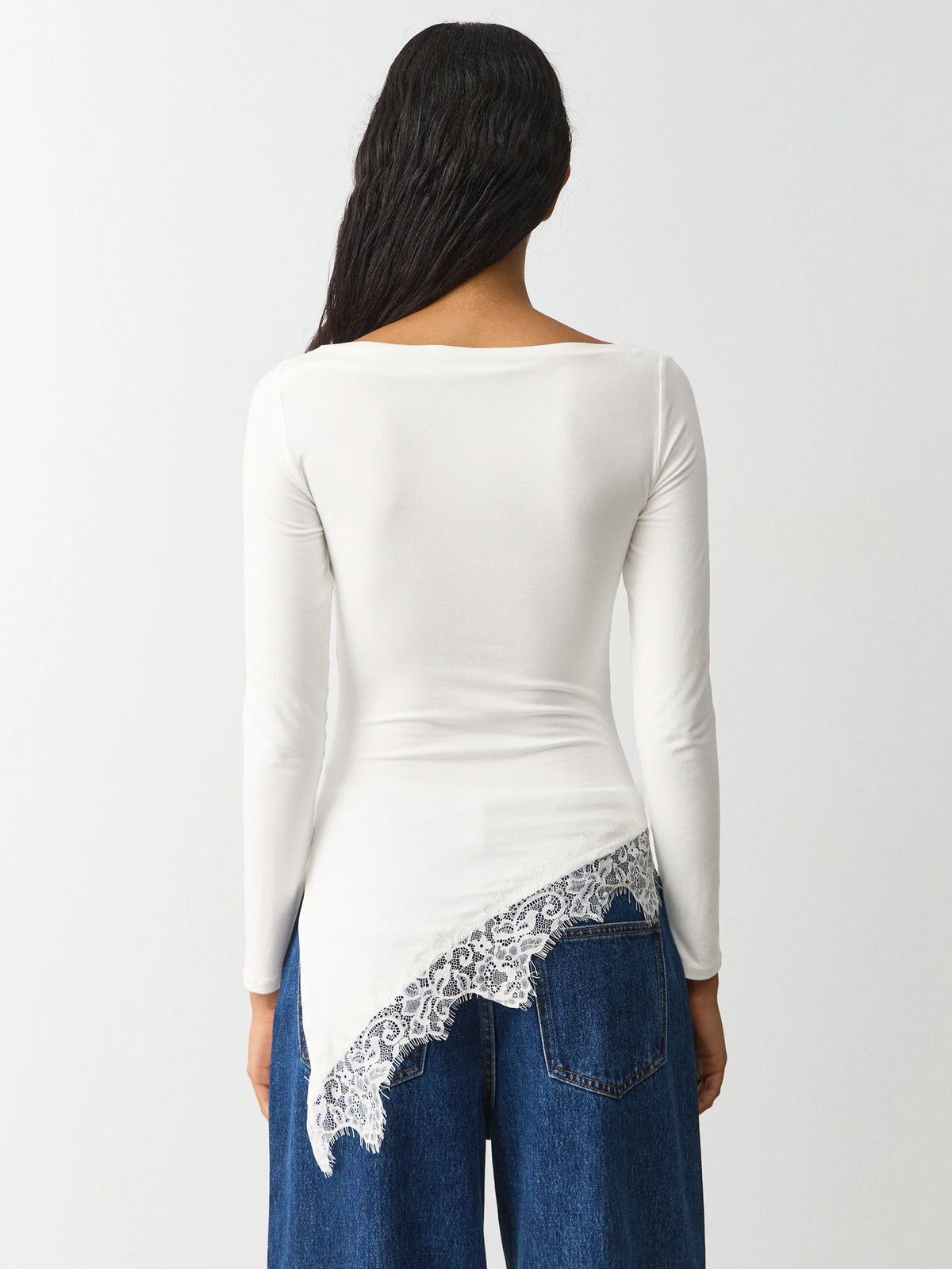 New Women's Simple Solid Color Design, Lace Trim And Slits At The Hem, Slim Fit Long Sleeve Top
