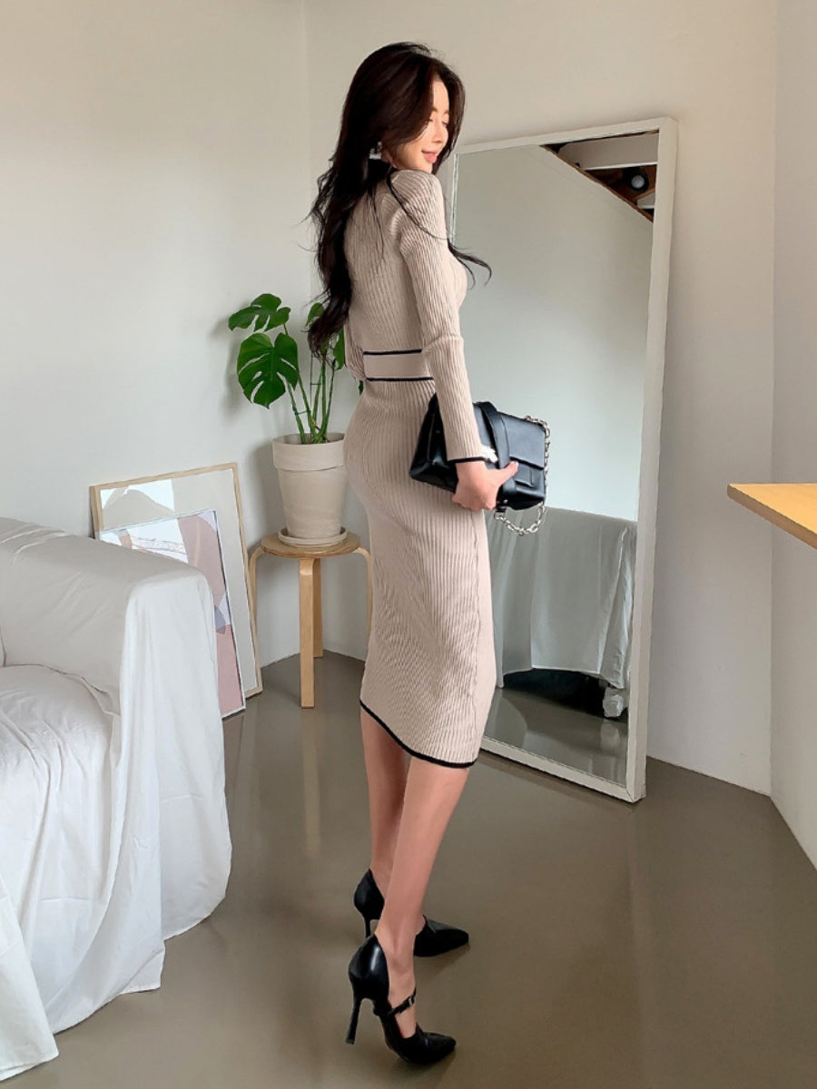 Autumn/Winter Retro Niche High-Neck Slim Fit Elegant Color Block Mid-Length Tie-Waist Knit Dress
