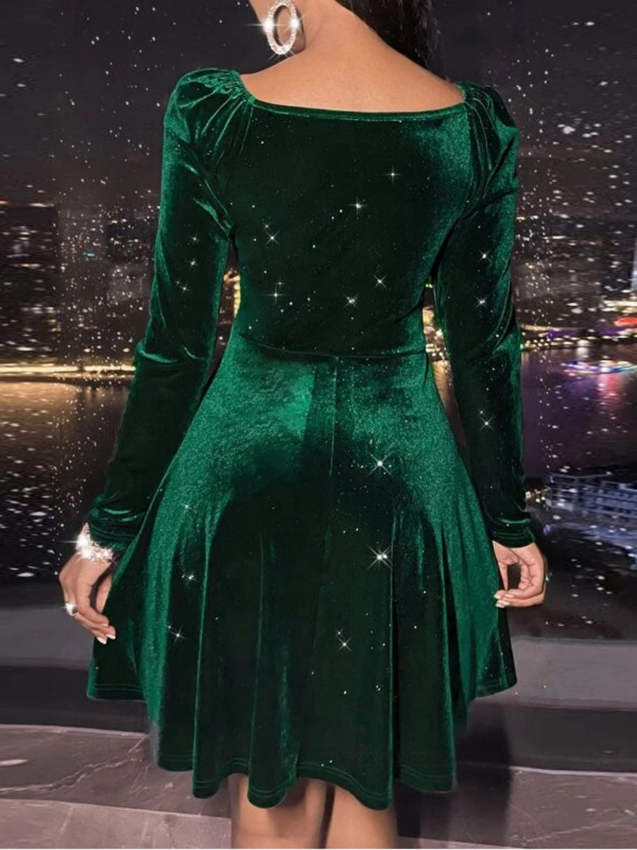 Long-sleeved Silver Fox Velvet V-neck Short Dress