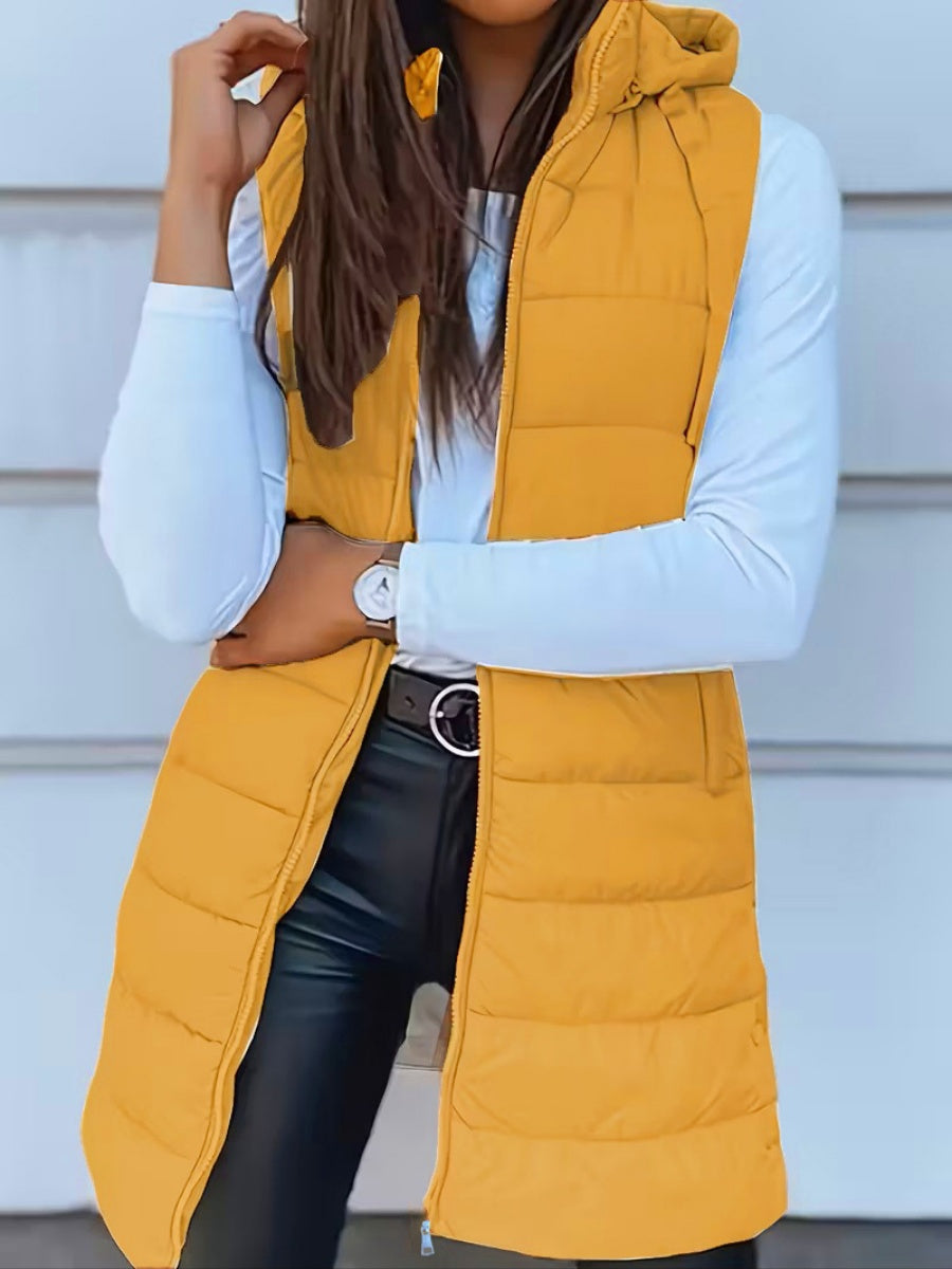Mid-length Hooded Design Keep Warm Leisure Zipper Pocket Quilted Vest