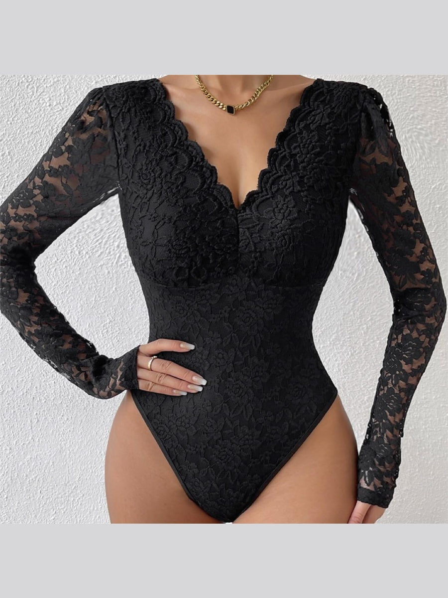 Lace Long Sleeve Perspective Slim Fit Bodysuit