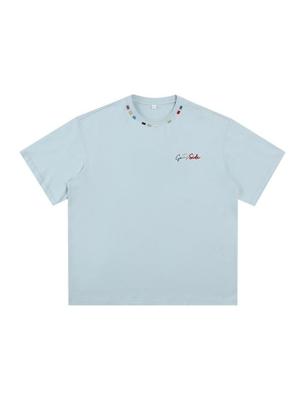 Color-blocked Colorful Embroidery Loose-fit T-shirts