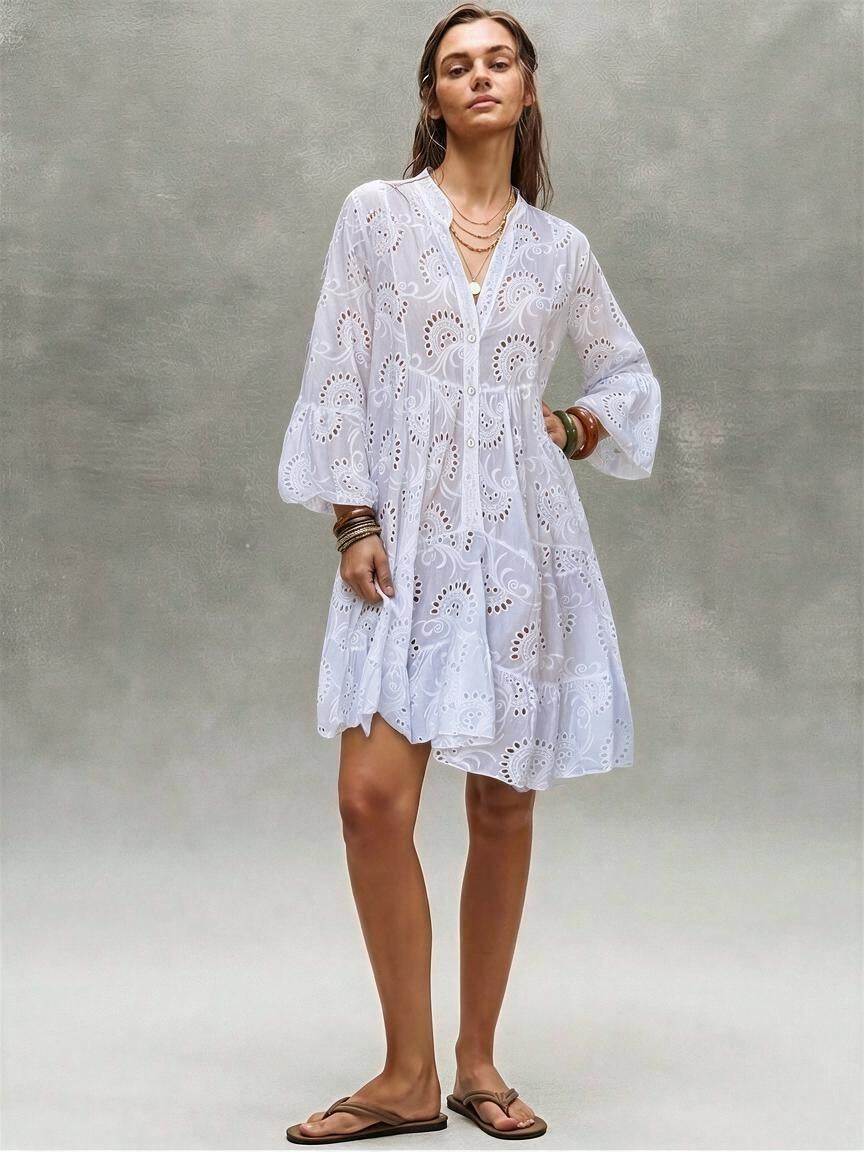 Embroidery Hollow Loose-fit Midi Dresses