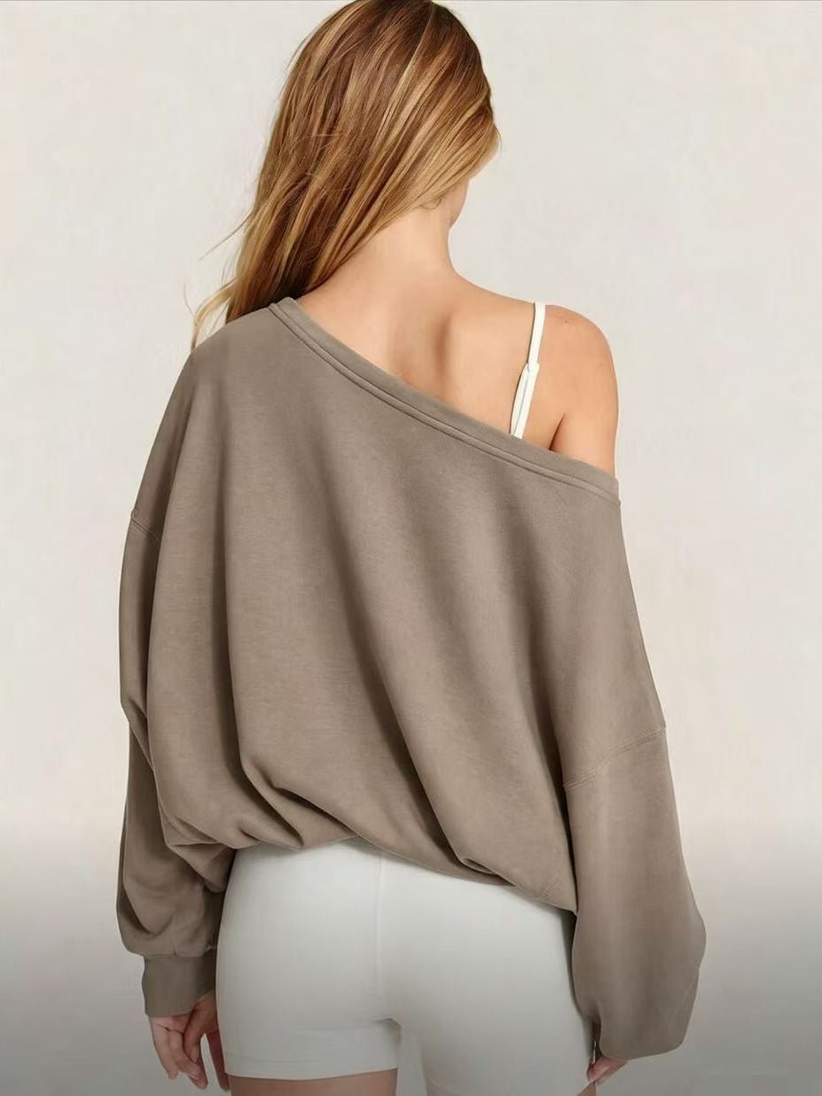 Women's Autumn/Winter Solid Color Off-Shoulder Long Sleeve Drawstring Hem Sweatshirt