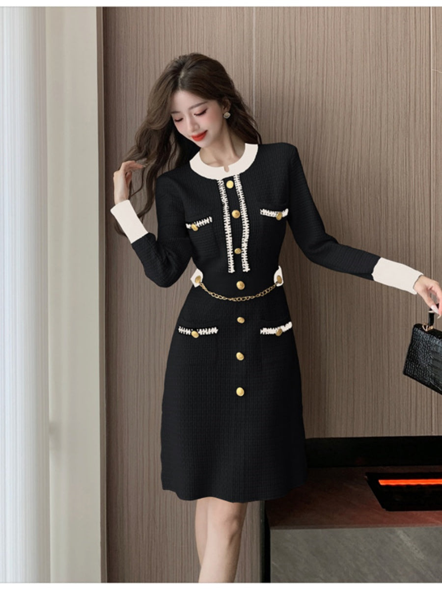 Elegant And Sophisticated Long-sleeved Round Neck Button-down Chanel-style Knit Midi Dress
