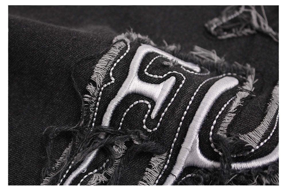 Washed Patches Stereo Embroidery Denim T-shirt