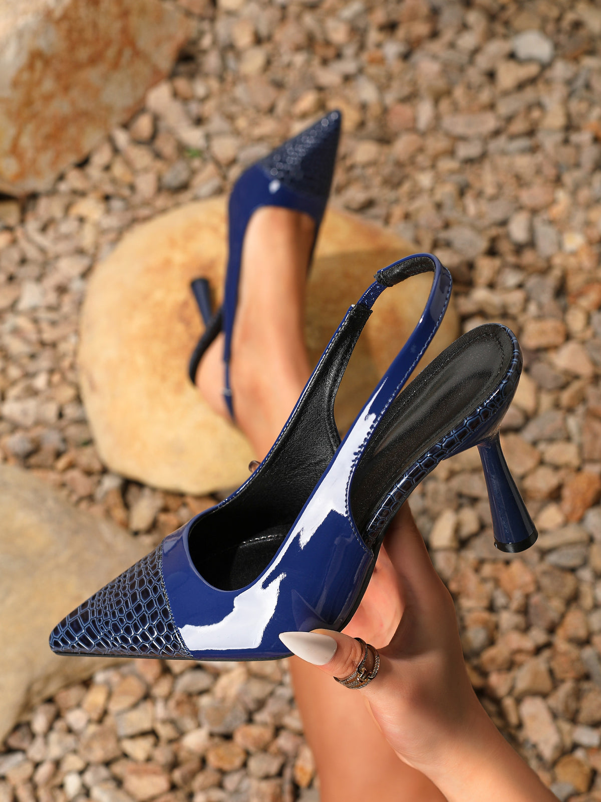 Pointed-toe Embossed Patchwork Open-back High Heels