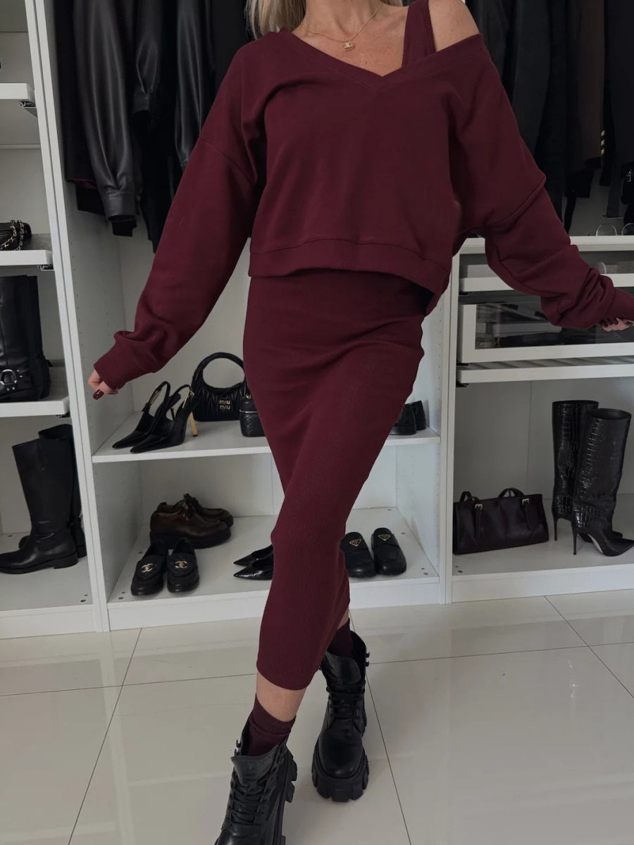 Liber Autumn women's V-neck clothing Pullover solid color long sleeve two piece dress