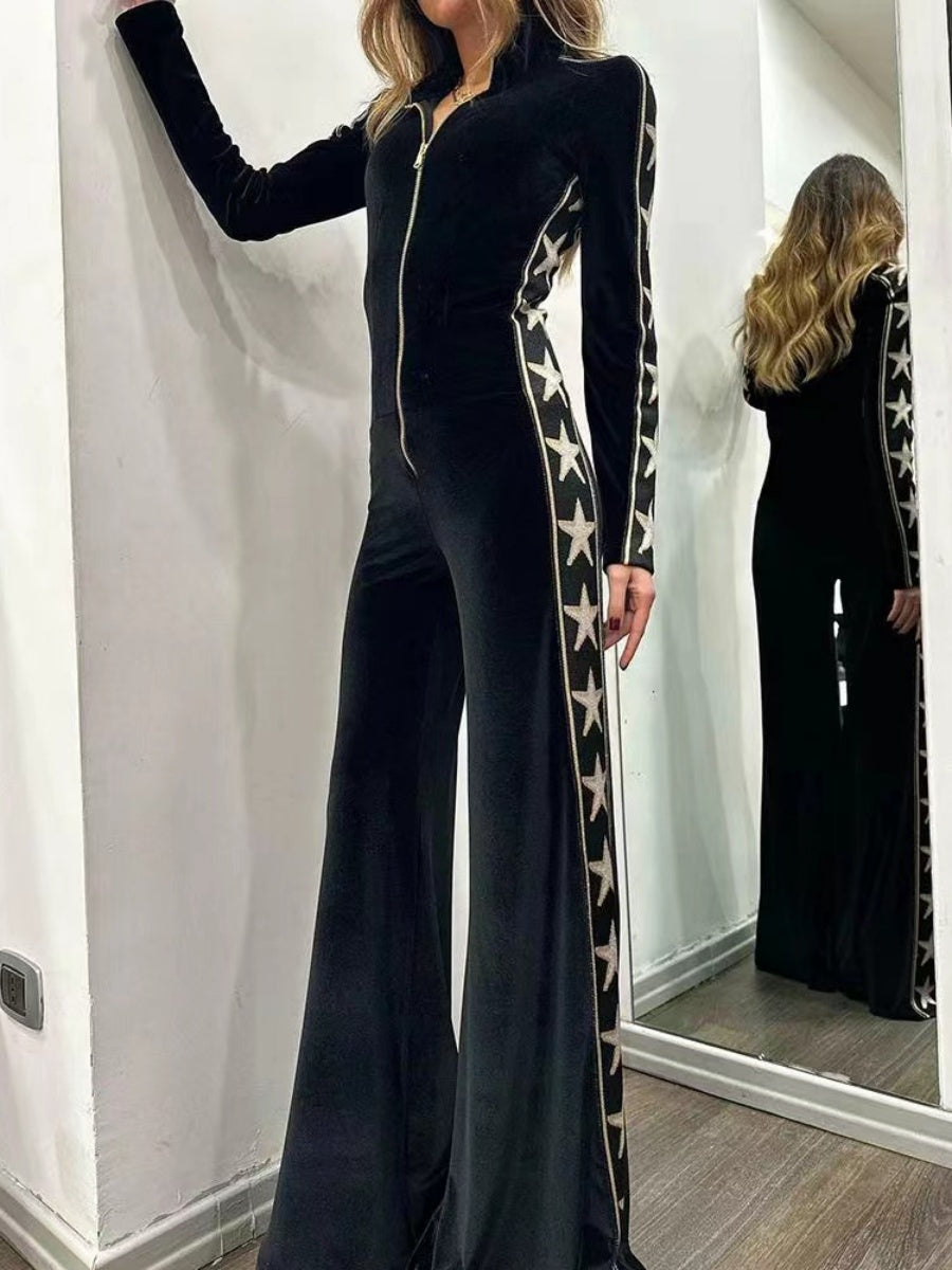Velvet Patchwork Printed Long-sleeved Wide-leg Jumpsuit
