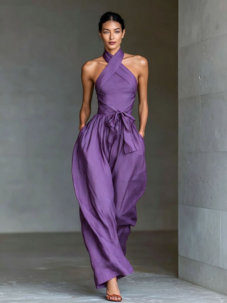 Lace-up Linen Cross-strap Wide-leg Jumpsuit