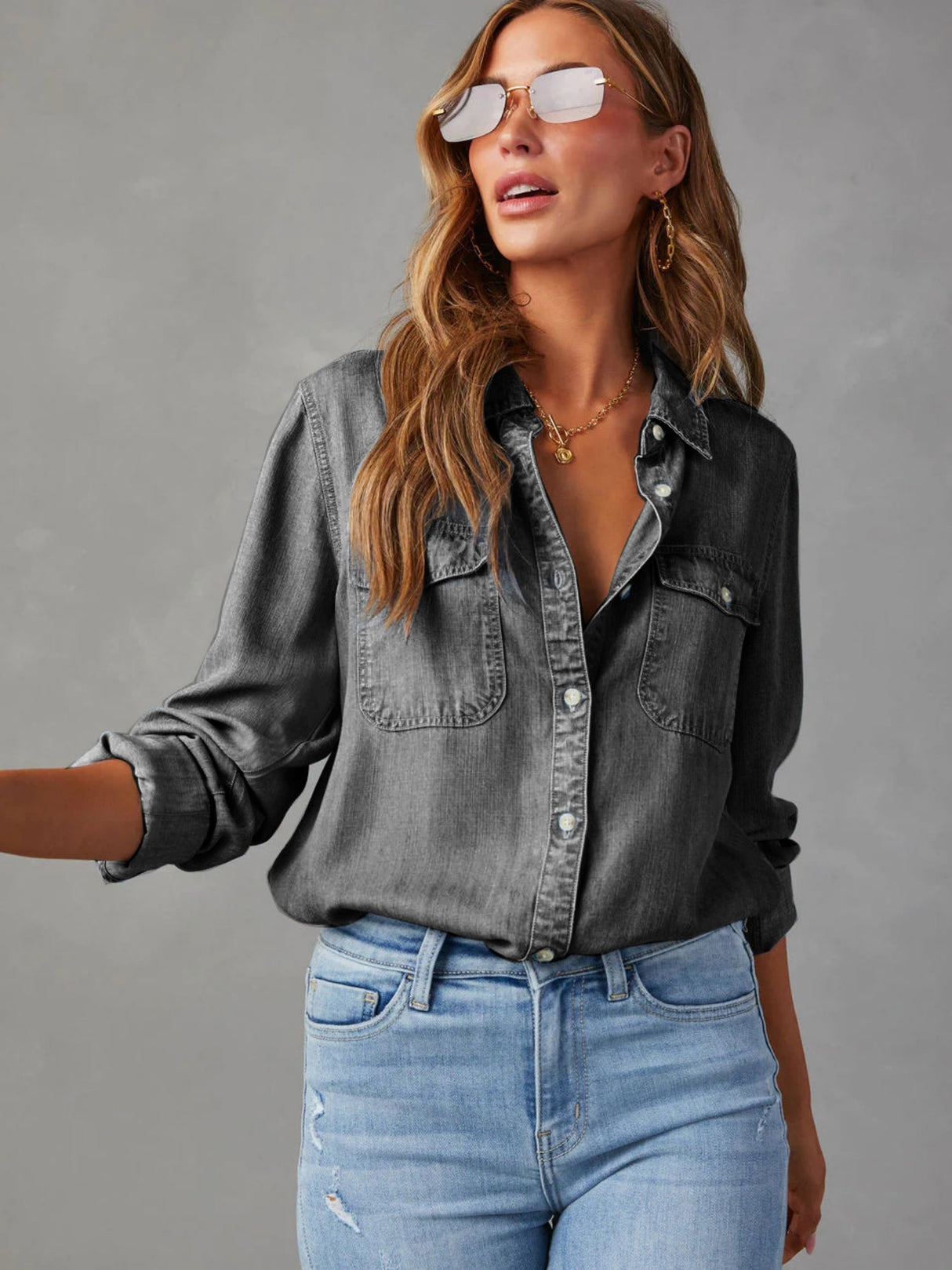 Lapel Single-breasted Long Sleeves Denim Shirt