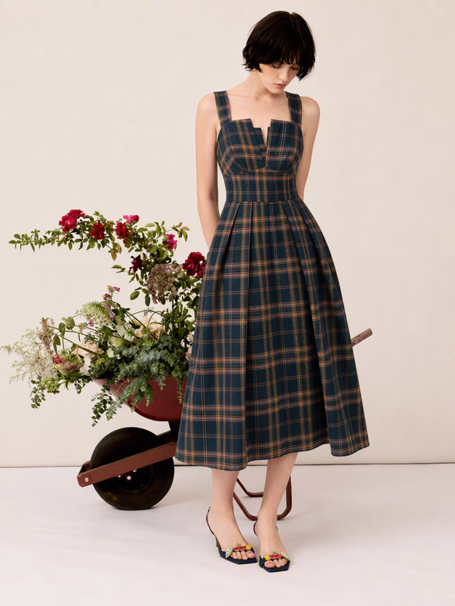 Plaid Camisoles Retro Waist Shaping Big Swing Midi Dresses