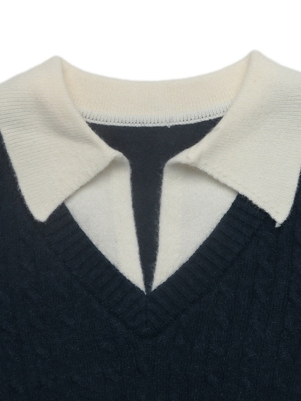 Autumn/Winter New Simple Commuter Style Knitwear Faux Two-Piece Polo Collar Cable Knit Sweater